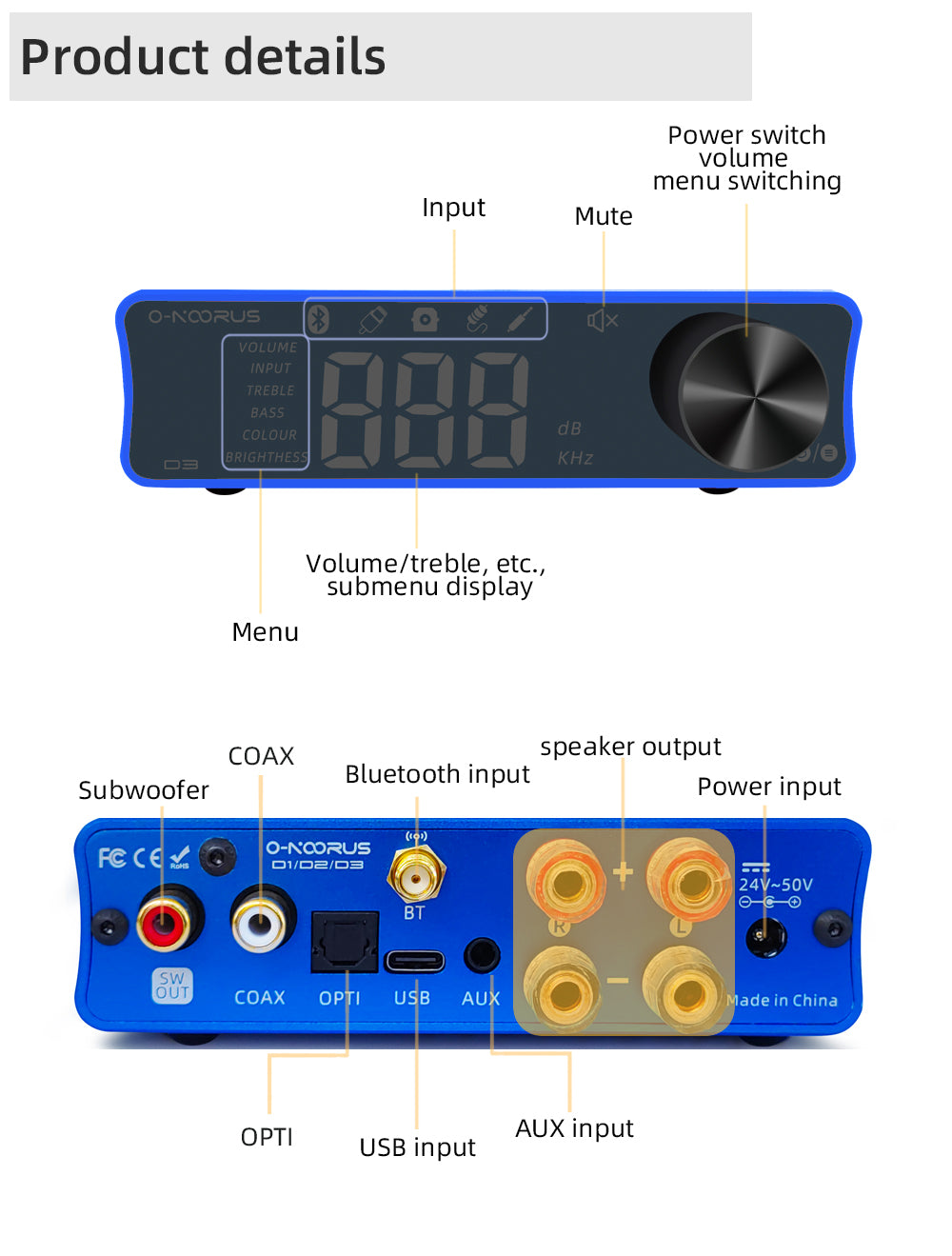 O-NOORUS D3 TPA3255 Stereo Power Amplifier 300Wx2 with Bluetooth USB Optical Coaxial AUX,Bass Treble For Home Theater