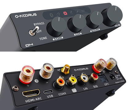 O-NOORUS D4 TPA3255 PFFB stereo amplifier with HDMI ARC Bluetooth USB Optical Coaxial RCA input, bass, middle, and treble tone and bypass