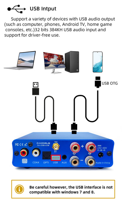 O-NOORUS D3 TPA3255 Stereo Power Amplifier 300Wx2 with Bluetooth USB Optical Coaxial AUX,Bass Treble For Home Theater