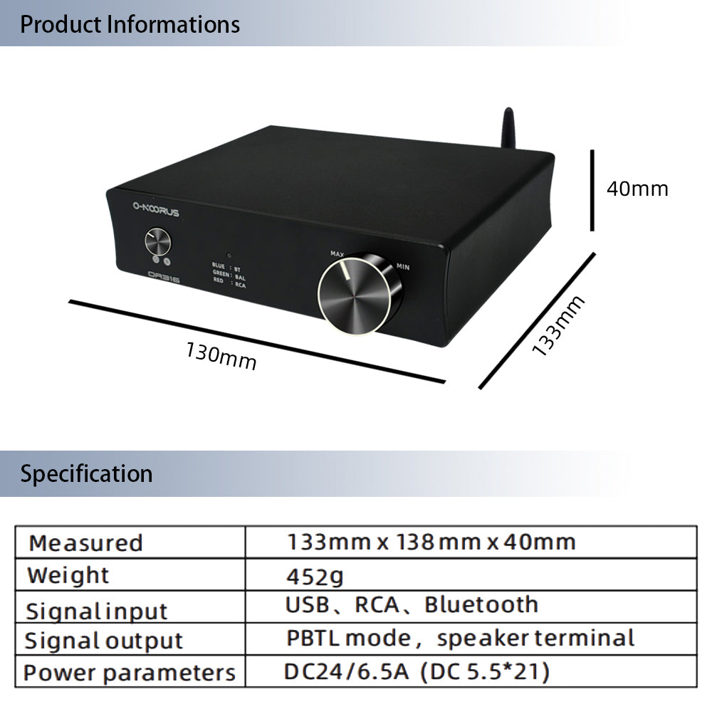 O-NOORUS OA316 Dual TPA3116 Power Amplifier 200W Fully Balanced HIFI Class D Bluetooth 5.0 Speaker Receiver Aptx RCA TRS Input