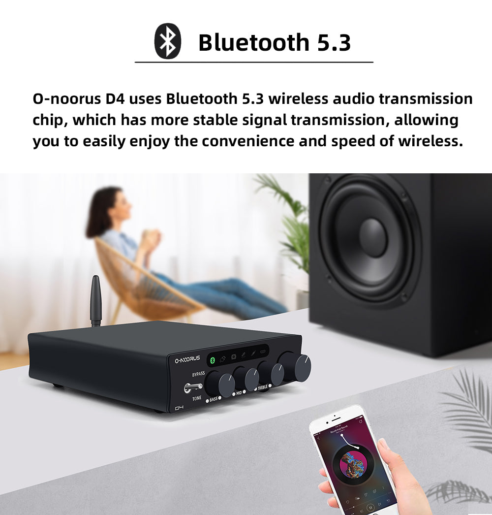 O-NOORUS D4 TPA3255 PFFB stereo amplifier with HDMI ARC Bluetooth USB Optical Coaxial RCA input, bass, middle, and treble tone and bypass