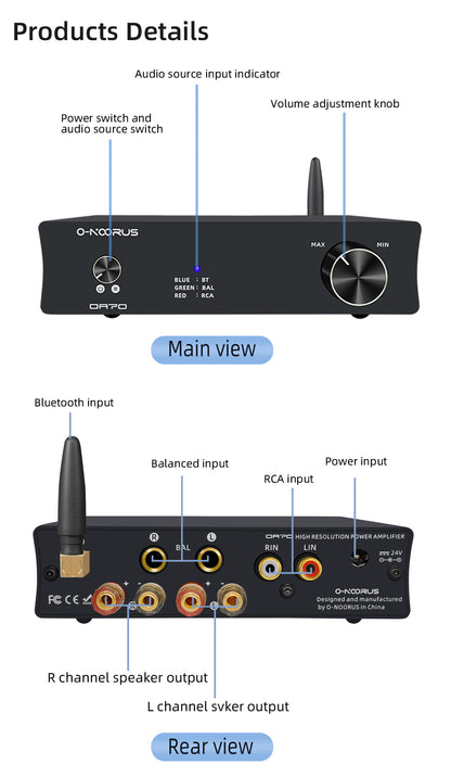 O-NOORUS OA70 Dual MA12070x2 Fully Balanced HIFI Class D Power Amplifier Bluetooth 5.0 Speaker Receiver Aptx RCA TRS Input